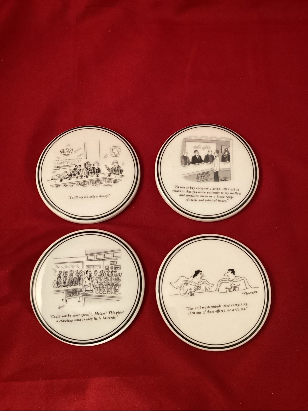 4 New Yorker Cartoon Ceramic Coasters with cork back
